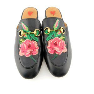 GUCCI Horse Bit Rose Floral Black Leather Slip-on Loafer Mule Flats 37
